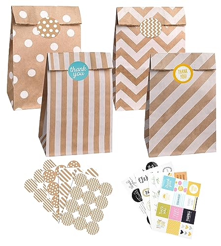 PAKNOR® Papiertüten Braun, 40 stk Kraftpapiertüten Geschenktüten Papier Braune Tüten Papier mit 96 Aufkleber, Papiertüte zum Verpacken von Geschenken, Giveaways, Kindergeburtstag