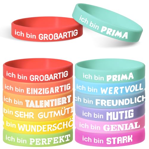 LVZONGXIN 24 Stück 18 CM Motivationsarmbänder Kinder auf Deutsch, Pastellfarbenes Silikonarmband, Mitgebsel Mitbringsel Kindergeburtstag Einschulung Geschenk Schultüte Füllung Schulkind Mutmacher