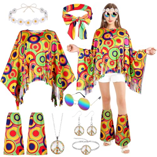 AOOWU Hippie-Kostüm für Damen Set, 10 Stück 60er 70er Jahre Bekleidung Hippie mit Umhang Überstiefeln Sonnenbrille 2 Stirnbändern und Accessoires mit Karneval Kostüm Halloween