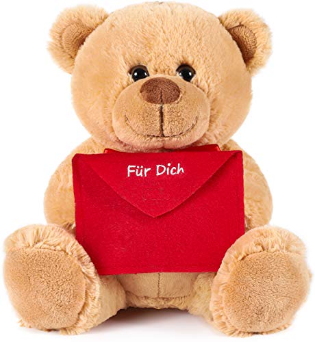 BRUBAKER Teddy Plüschbär mit Umschlag Rot - Für Dich - 25 cm - Teddybär Plüschteddy Kuscheltier Schmusetier - Hellbraun