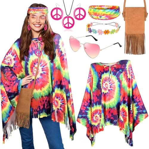 iZoeL Hippie Kostüm Damen 70er 80er Outfit Poncho Batik Bluse Accessorie