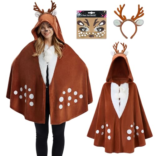 EinZeugnik REH Kostüm Damen, Karneval Rentier Cape Kostüm, REH Rentier Geweih Haarreifen, Gesichtstattoo, REH Bambi, Erwachsene Braunes Rentierkostüm Damen Kostüm für Fasching Motto Party Halloween