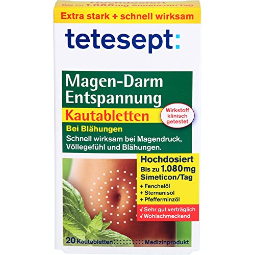 tetesept Magen-Darm Entspannung Kautabletten - mit Kräutergeschmack – Medizinprodukt zur Anwendung bei Blähungen, Völlegefühl & Magendruck - hochdosiert mit Simeticon – 1 x 20 Stück