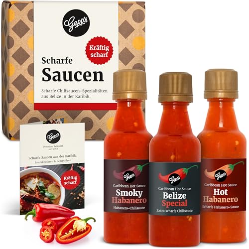 Gepp‘s Feinkost scharfe Soßen Set I Hot Sauce Set mit 2 feurigen Habanero Chili Saucen und einer Hot Belize Sauce I Chili Geschenkset, hergestellt nach eigener Rezeptur I Chilli-Geschenk