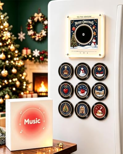 Retro Weihnachts Kühlschrankmagnet aus Vinyl Set, Mini NFC Musik Player mit 9 NFC-Discs, Vintage Vinyl-Audio-Player mit LED, Magnet für den Kühlschrank, F