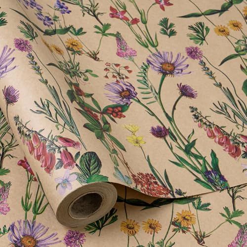 RUSPEPA Kraft-Geschenkpapierrolle – Minirolle – Wildblumendesign, ideal für Geburtstage, Partys, Babypartys – 43,2 cm x 10 m