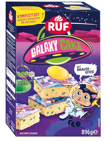 RUF Galaxy Cake Komplettset Backmischung für einen großen Blechkuchen mit bunter Glasur, Streuseln und süß-sauren Brause-Ufos, lustiger Backspaß mit Kindern, ideal für Geburstage
