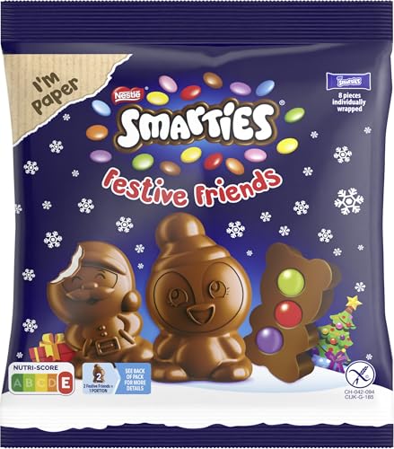 NESTLÉ SMARTIES Festive Friends, weihnachtliche Figuren aus zartschmelzender Milchschokolade mit cremiger Füllung und bunten SMARTIES Mini Schokolinsen 65g (à 8 Figuren pro Packung)