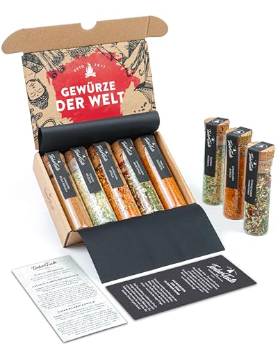 TIMBER TASTE® 5 Gewürze aus aller Welt - Seltenes Gewürz Geschenkset Männer - Gewürzset Geschenke für Mann - Ausgefallene Geschenkidee Erwachsene Kleinigkeit - Tolles Set Geschenk Geburtstag