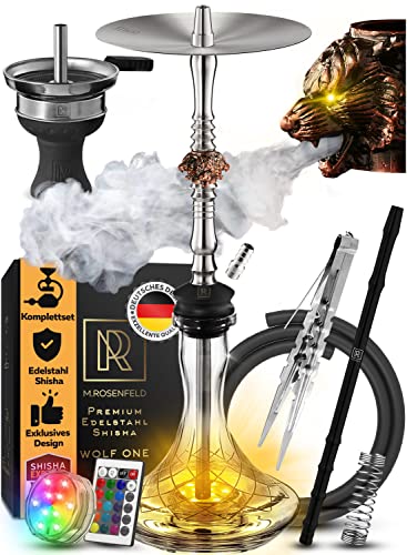 M. ROSENFELD Shisha Set Komplett - Edelstahl mit Unikalem Air Flow durch 3 edle Wolf Köpfe aus Kupfer - quality Zubehör + LED Licht Untersetzer mit Fernbedienung - 85cm Pro