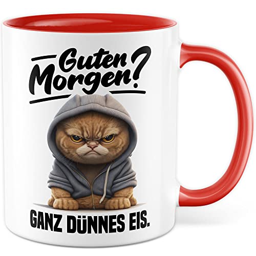 Tasse mit Spruch lustig Katze Morgenmuffel Witz Geschenkidee Kaffeetasse Humor Geschenk für Verschlafen Kaffeebecher Witz Becher (Weiß & Rot)