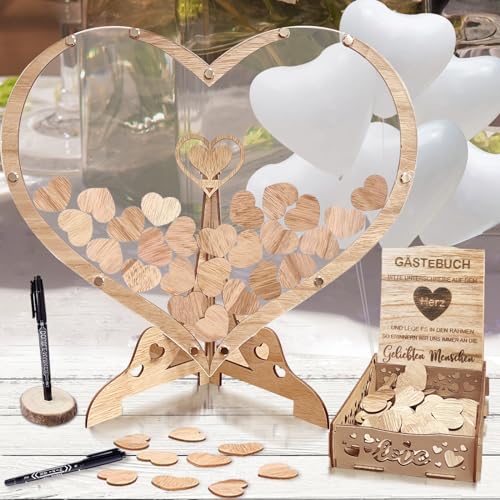 Hochzeits Gästebuch, Alternative Hochzeitsgästebuch, Inyeskon Holzherzen Hochzeitsdeko mit Herzrahmen & Eiffelturm-Rahmen - 80 Holzherz - 20 Herzballons - 2 Marker-Stifte - Aufbewahrungsbox - Geschenk