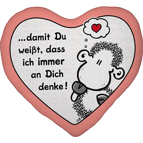 Sheepworld Plüschkissen Motiv Denke | Plüschkissen in Herzform, 30 cm x 25 cm, Mehrfarbig, 100% Polyester | Geschenk, Liebe, Valentinstag | 48183