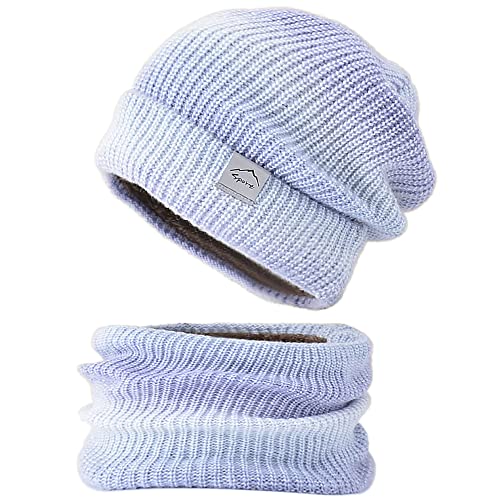 WANYIG Wintermütze Strickmütze mit Schal Damen Warme Mütze Beanie Herbst Winter Schal und Mütze Set 56-60CM (Farbverlauf Lila)