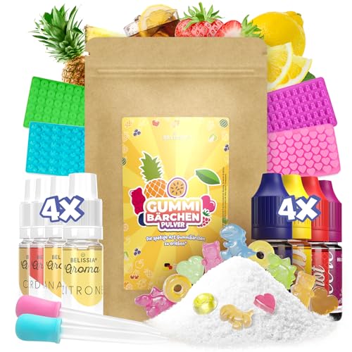 Belissia Gummibärchen zum selber machen. Spaßiges DIY Set zur Herstellung von ca. 1KG bunten, aromatisierten Fruchtgummis. Inklusive Aromen, Farben und Formen