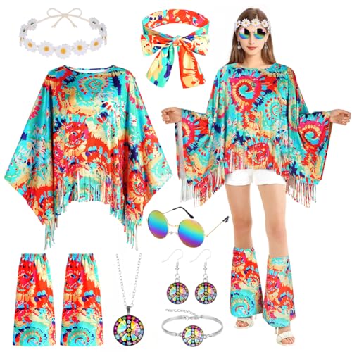 AOOWU Damen Hippie Kostüm, 10 Stück Vintage Stil 60er 70er Jahre Hippie Zubehör mit Brille Stirnband Jahre mit Abdeckungen Karneval Kostüm Halloween