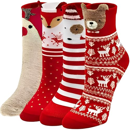 Scinzene 4 Paar Weihnachtssocken Damen Mit Geschenkbox, Kuschelsocken Weihnachten 39-42, Niedliche Tiermotive Weihnachts Socken, Christmas Socks, Nikolaus Geschenke & Weihnachtsgeschenke Für Damen 