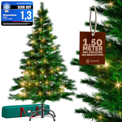 CASARIA® Weihnachtsbaum künstlich 150 cm Lichterkette 100 LED Tannenbaum mit Beleuchtung wie echt Stecksystem dichte Spitzen stabil schwer entflammbar