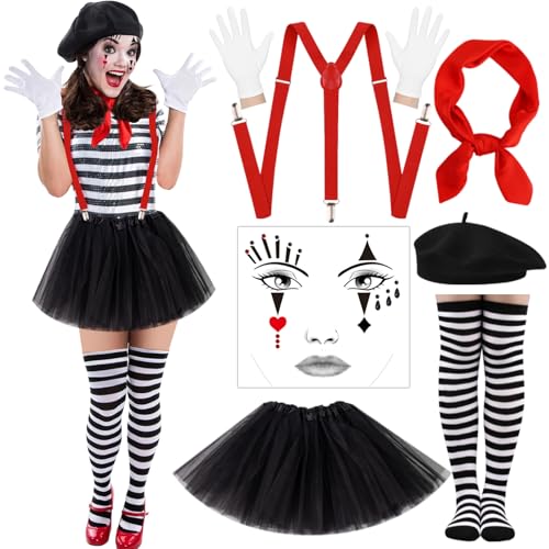 BITOWO Pantomime Kostüm Damen Kleid Zubehör Set mit Tüllrock Hosenträger Baskenmütze Tücher Handschuhe Socke Gesichtstattoo Karneval Pierrot Clown kostüm Damen Herren Pantomime Frauen Faschings