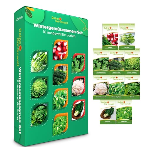 Wintergemüse Samen Set - 10 Sorten Samen - Saatgut Sortiment - Anzuchtset für Wintergemüse - Radies, Winterpostelein, Salat, Spinat, Mangold, Lauchzwiebeln