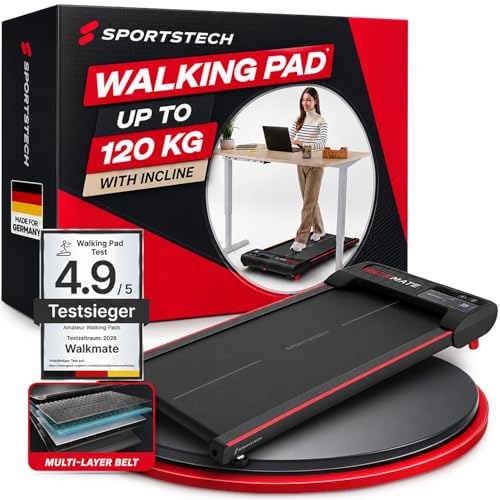 Sportstech Walking Pad bis 6 km/h – manuelle Steigung bis 5%, inklusive App Mitgliedschaft, LCD Display, Schrittzähler, leicht & kompakt, Transportrollen, WalkMate bis 120kg Nutzergewicht