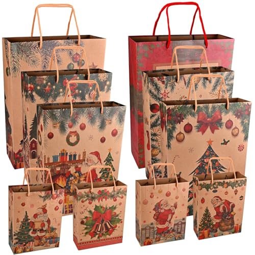 Cieex Geschenktüten Weihnachten mit Henkel, 10 Stück Weihnachtliche Geschenkverpackung, Bedruckte Henkeltüten zu Weihnachten -3 Größen(SML)