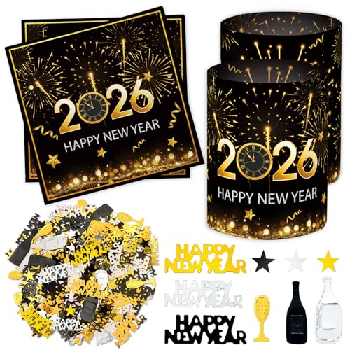 20 Stück Servietten Silvester+ 12 Windlicht Tischdeko + 500 Konfetti Streudeko Schwarz Gold, Silvester Deko 2026, Happy New Year Decoration Geschenke, Silvesterdeko Party Set, Neujahrsgeschenke