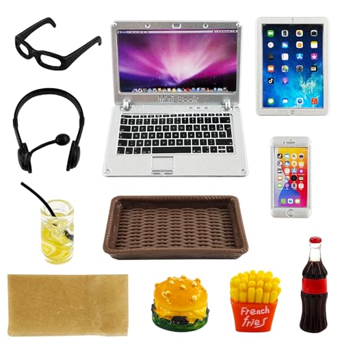 11 Stück Puppenhaus Lernen Zubehör,1:12 Metall Simulation Laptop Tablet Smartphone Mini,Mini Brille Hamburger Pommes Getränke Tablett,Puppenhaus Szene Simulation