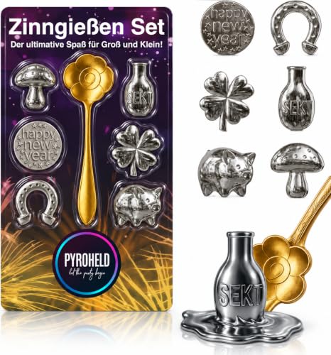PYROHELD 7-teiliges Zinngießen - Set: Traditionelles Gießen mit Zinn wie Bleigießen, inklusive Löffel & Deutungsbuch - Silvester & Neujahr 2027
