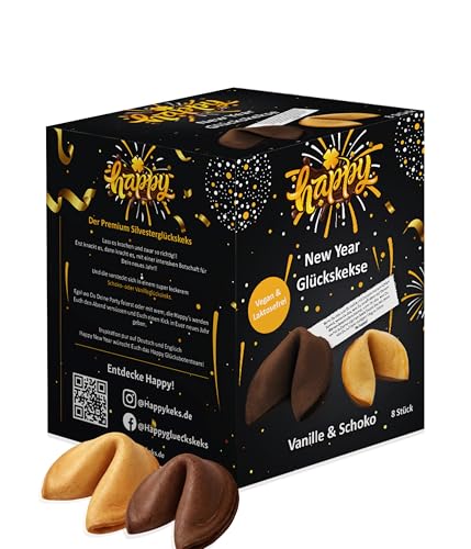 Happy New Year Schoko-Vanille Glückskekse | Silvester Geschenk & Tischdeko mit Sprüchen | vegan & laktosefrei | 8 Stück | Glücksbringer zum Jahreswechsel