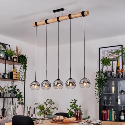 HOFSTEIN Hängeleuchte Koyoto, 5-flammige Hängelampe aus Metall/Holz/Glas in Schwarz/Natur/Chrom/Rauch/Klar, Pendelleuchte im Boho/Retro-Design mit Holzstab, E27, Esszimmer, Küche, Wohnzimmer