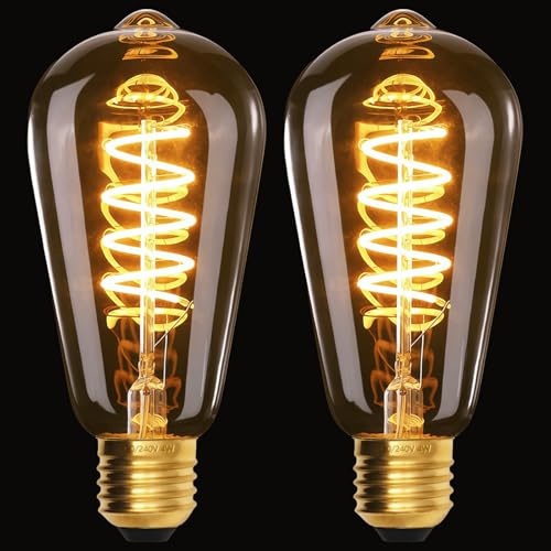 Terafeels 2 Stück E27 LED Warmweiss Glühbirne Dimmbar, ST64, 4W, Spiralfaden, 2700K Warmweiss, Bernsteinfarbenes Glas, LED Lampe E27 Leuchtmittel