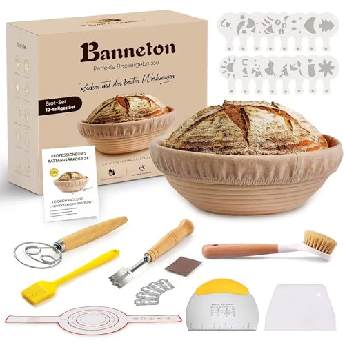 Kixiyou 10-teilig Gärkorb Brot Set, 23 cm Gärkorb rund und Komplettset Backzubehör, Gärkörbchen für Brot brot backen Gärkorb rund Einsteigerset für Anfänger