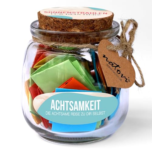 NATOVI® 52 Achtsamkeitskarten im Glas - Geschenk Frauen für Selbstliebe, Achtsamkeit & positive Gedanken - Entspannungs Geschenk für Frauen