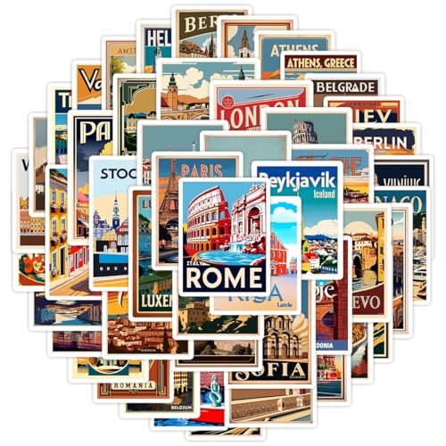 KEWUF 50 Stück Europa Sticker, Urlaub Reise Aufkleber, Vintage Postleitzahl Aufkleber, Sticker Aesthetic für Wasserflaschen, Scrapbooking, Laptops