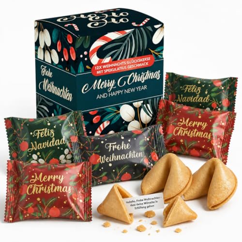 FOOD crew 12x Glückskekse Weihnachten Spekulatius – Weihnachtsglückskekse mit echtem Spekulatius-Gewürz – einzeln verpackt, Adventskalender-Füllung, Kleinigkeiten & Wichtelgeschenk, vegan