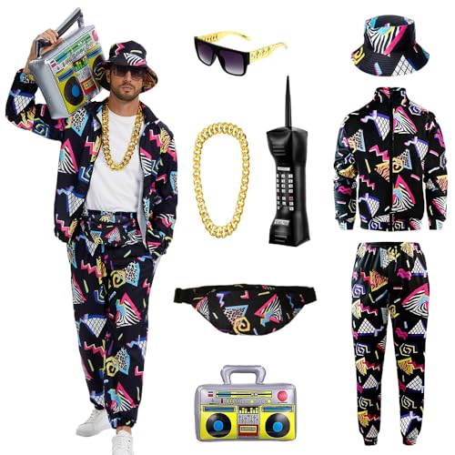 YQVGFBY 80er Jahre Outfit Herren 90er Retro Trainingsanzug Halloween Karneval Kostüm Jogginganzug Sportanzug Badass-Kostüme 8Stk (Schwarz, XL)