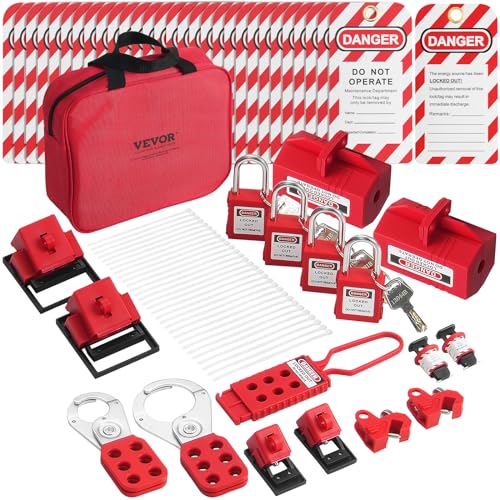VEVOR Elektrisches Lockout-Tagout-Kit, 47-teiliges Sicherheits-Loto-Kit mit Vorhängeschlössern, Haspen, Etiketten, Nylonbändern, Steckerverriegelungen, Leistungsschalterverriegelungen und Tragetasche