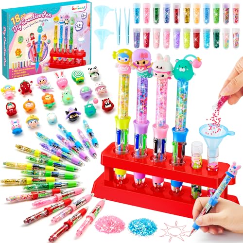 Stifte Selber Machen Set, 18 Stück Stifte mit 4 Farben Nachfüllungen, Personalisierte Stift Herstellen mit Glitzerzubehör, Kindergeburtstag Basteln Spielzeug Geschenke für Mädchen Junge ab 5-12 Jahre
