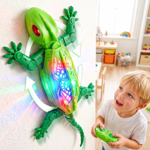 FOTSHARER Green Wandkletter Gecko, wiederaufladbare ferngesteuerte Eidechse mit realistischer bionischer Form, bunter LED-Lichteffekt, Wandklettergecko für Kinder Jungen und Mädchen