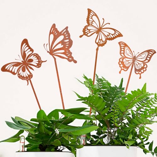 4er Set Gartenstecker Schmetterlinge Deko Rost - Gartenstecker Metall- Gartendeko Für Draußen Wetterfest - Gartendeko Rost, Blumenstecker Für Töpfe & Balkon Deko Wetterfest Frühling & Ostern 