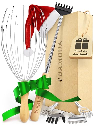 BAMBUA® Geschenkset für Massage und Entspannung - Kopfmassagegerät & Rückenkratzer - Nachhaltiges Wellness Geschenk für Männer und Frauen, inkl. Geschenkverpackung - Ideal zum Verschenken