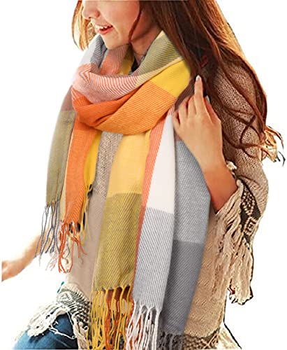 heekpek Damen Kariert Oversized Kaschmir Schal Lange Winterschal Weich Wraps Groß Karo Fransen Schal Warm Schal für Herbst Winter, Orange und gelb