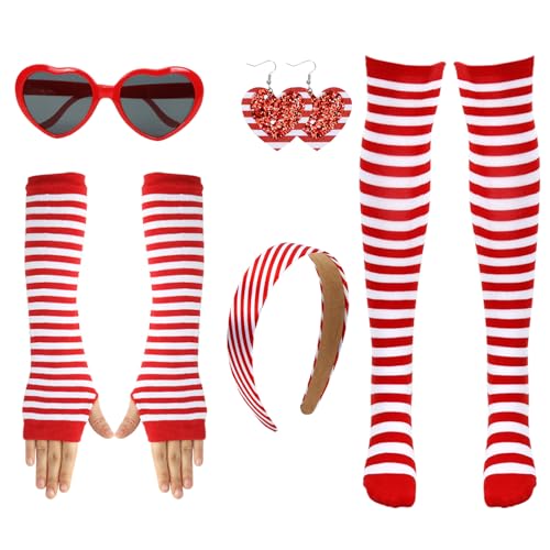MorLuks Karneval Rot Weiß Kostüm Accessoires, Kölle Haarreif Handschuhe Strümpfe Herz Brille Ohrringe, Faschingskostüme Zubehör Kölner Damen