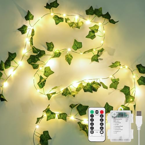KASZOO Efeu Lichterkette -10M Efeu Künstlich mit 100 LED-Licht Batterie Lichterkette, Fake Efeu Girlande Fairy Lights für Hochzeit Party Garten Wohnung Balkon