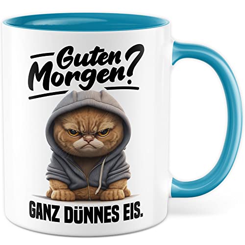Tasse mit Spruch lustig Katze Morgenmuffel Witz Geschenkidee Kaffeetasse Humor Geschenk für Verschlafen Kaffeebecher Witz Becher (Weiß & Blau)