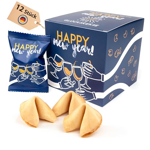 Lucky Treats Silvester Glückskekse 2025-12 Stück - Salted Caramel Geschmack - Gastgeschenke Silvester - Sprüche auf Deutsch & Englisch - Vegan - Made in Germany