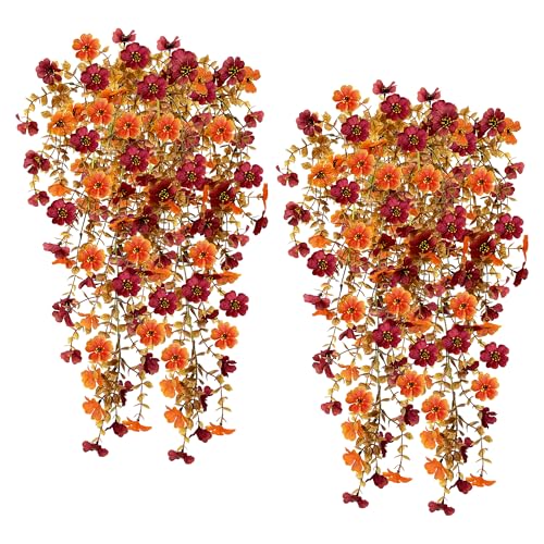SHEPIN 4 Stück Hängepflanze Künstlich Kunstblumen Hängend Herbstblumen, 75cm Herbst Künstliche Hängepflanzen Blumen wie Echt Eukalyptus Seidenblumen für Outdoor Terrassen Balkon Blumenampel