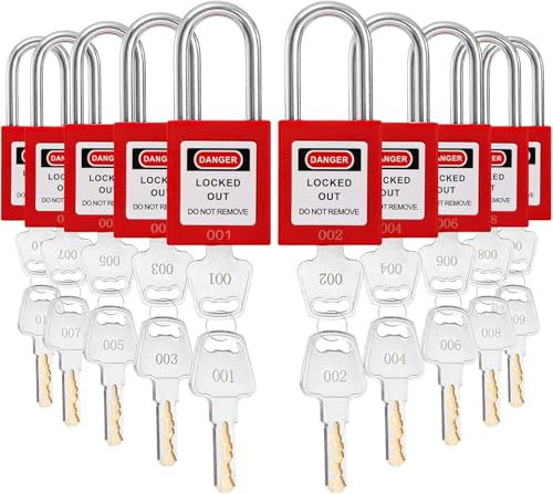 WUWEOT 10 Stück Lockout Tagout Schlösser, verschiedene rote Loto Safe Vorhängeschlösser, OSHA-Sicherheitsschlösser mit Schlüsseln für Aussperrstationen und Geräte