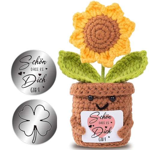 boluoboluomi Geschenke für Frauen,Sonnenblume Deutsch Glücksbringer,Beste Freundin Geschenke Dankeschön Geschenke für Kollegen und Famili Gestrickte Sonnenblume Positive Kartoffel Deutsch Ersatz